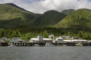 Klemtu village and wharf seen from the ocean, Swindle Island, British Columbia