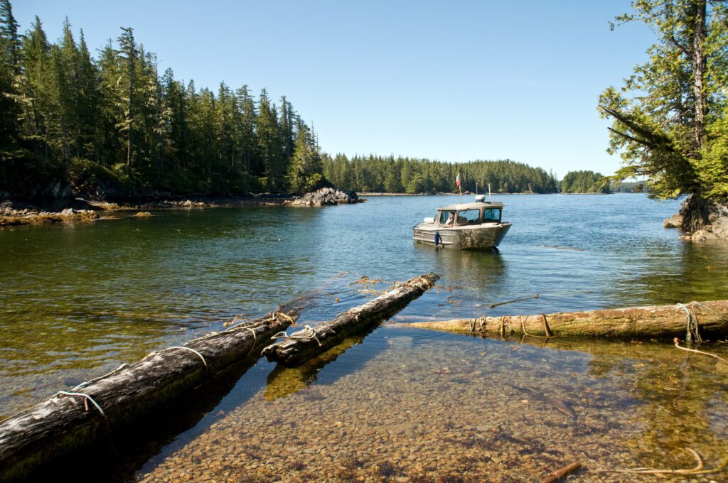 A Kitasoo / Xai'xais First Nation Coastal Guardian monitoring the Gitdisdzu Lugyeks (Kitasu Bay) Marine Protected Area.
