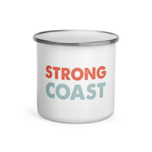 An enamel white mug with the Strong Coast logo on it.